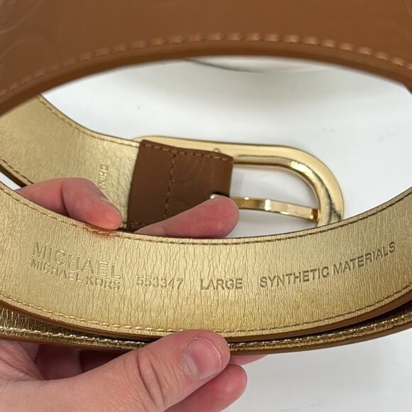 Michael Kors gold and faux leather brown mk embossed belt - Picture 4 of 8